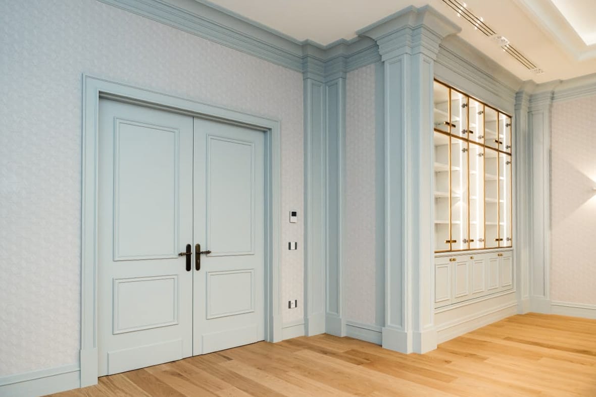 Private Bank — pale blue doors — panelled