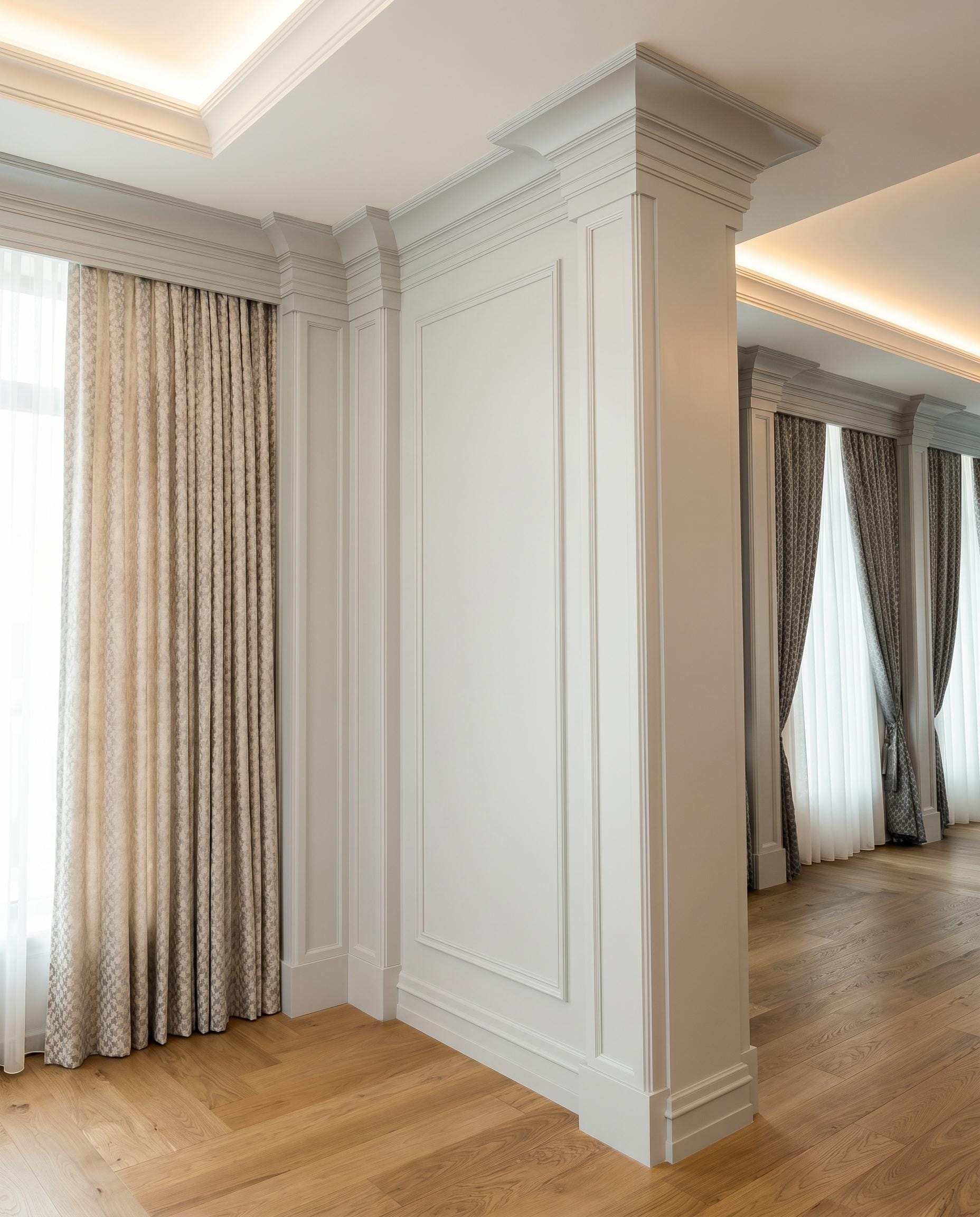 Private Bank — cream curtains — panelled column