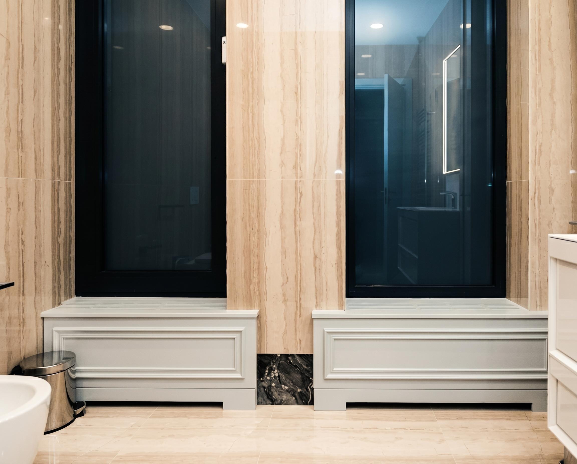 Private Bank — panelled wall — travertine floor