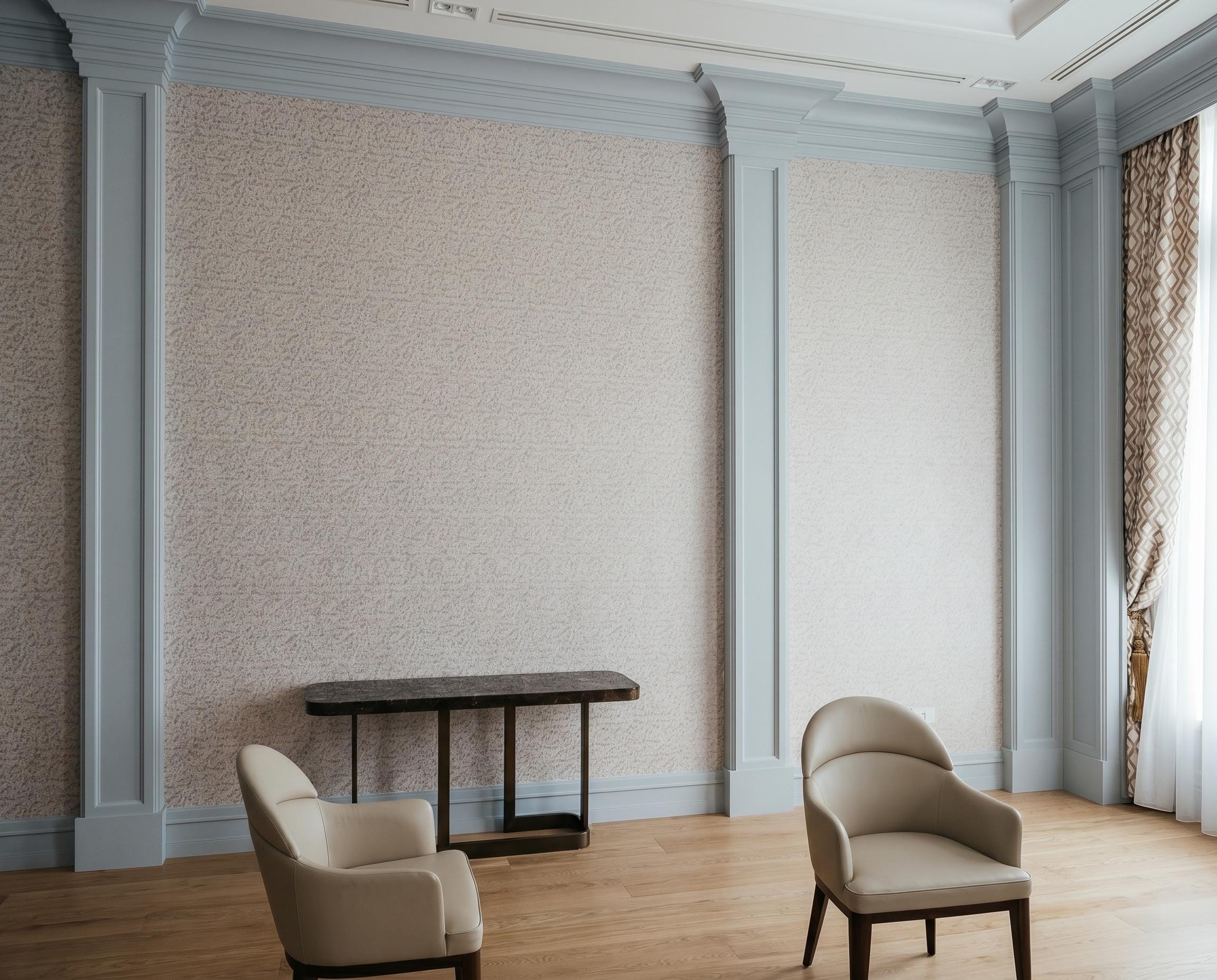 Private Bank — blue-grey room — console and chairs