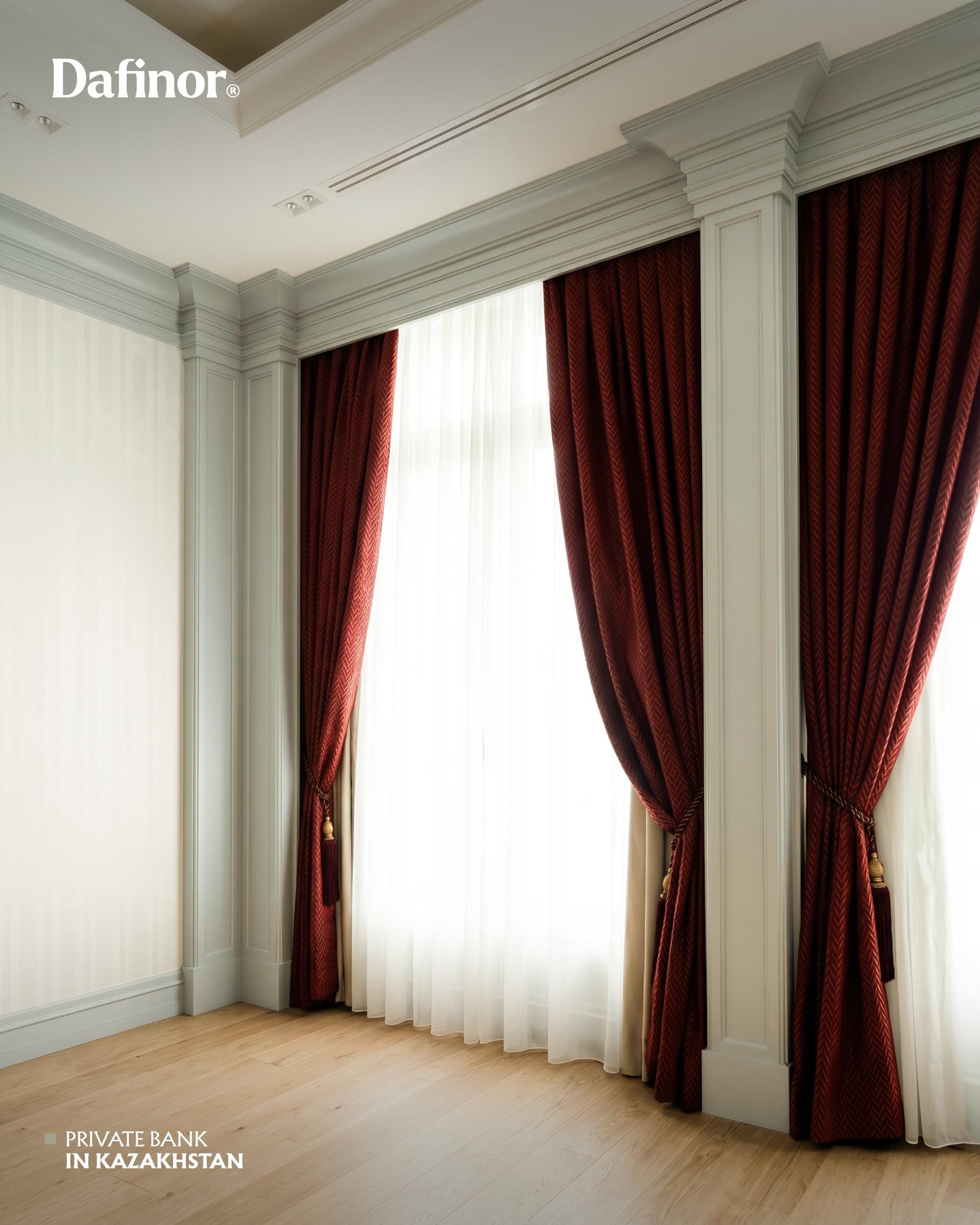 Private Bank — red curtains — white columns, parquet