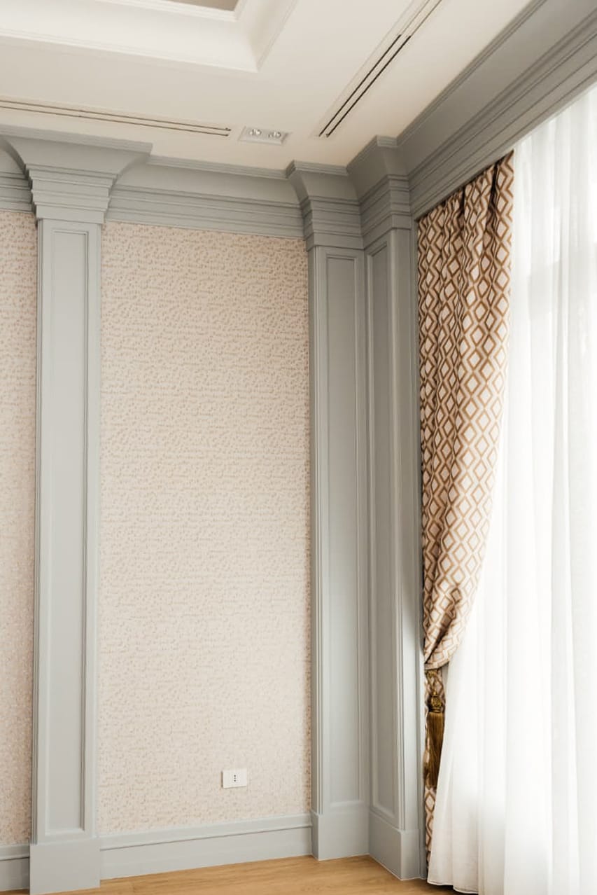 Private Bank — panelled room — wallpaper and drape