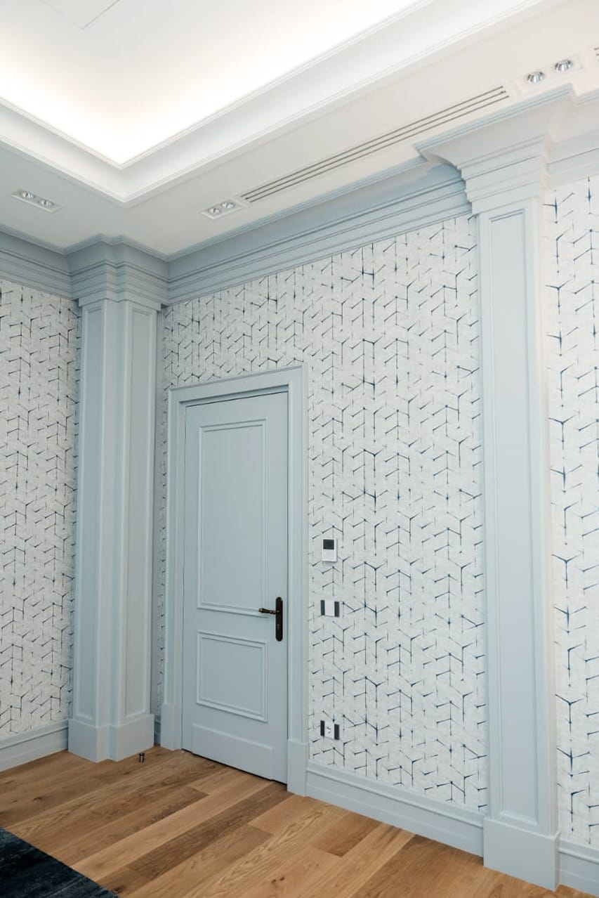 Private Bank — panelled room — door, wallpaper